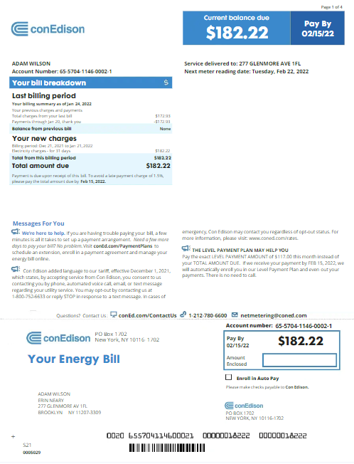 USA NEW YORK CONEDISON utility bill Word and PDF template, version 2